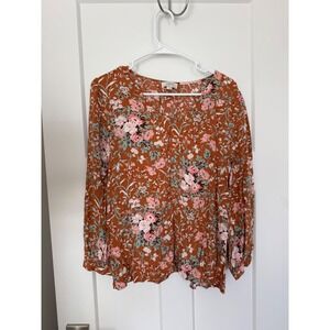 LOFT Womens Terracotta Floral V-Neck Long Sleeve Rayon Blouse Size L